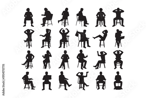 Diverse group of people sitting on chairs in various poses, representing audience, waiting, or relaxing, human silhouette collection