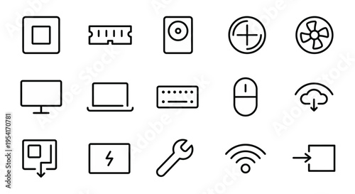 Ultra-minimalist line-style web icons for computer repair and IT services. Hardware components, cooling fans, and technical tools collection. Clean vector illustration for tech support apps, IT dashbo