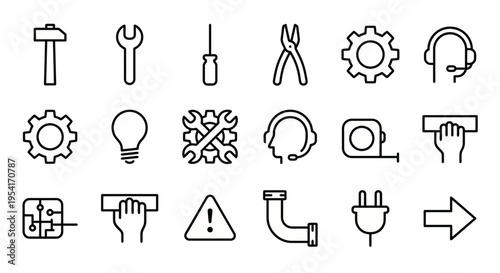 Ultra-simplified line-style web icons for general repair and handyman services. Hammers, wrenches, headsets, and basic tools collection. Clean vector illustration for service apps, technical dashboard