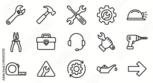 Line-style web icons for repair and maintenance services. Wrenches, hammers, support headsets, and engineering tools collection. Clean vector illustration for service apps, technical dashboards, and r