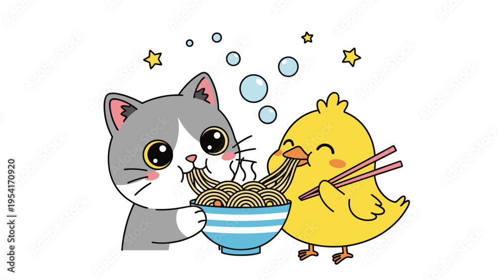 Obraz premium Cute gray cat and a yellow chick sharing a bowl of steaming noodles with chopsticks surrounded by stars and bubbles.