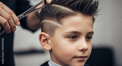 Young boy getting a stylish modern haircut from a professional barber. Trendy shaved line design with precision scissors.