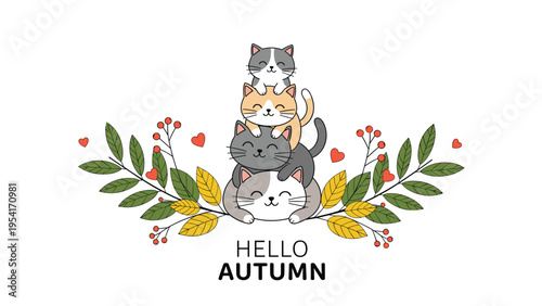 Stack of four cute kittens in different colors sitting among autumn leaves and red berries with hello autumn text at the bottom.