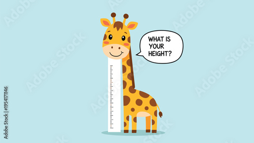 Height chart for children featuring a cute cartoon giraffe and a speech bubble asking what is your height on a blue background.