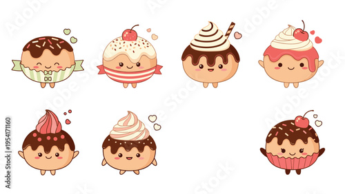 Set of seven adorable dessert characters featuring cupcakes and pastries with chocolate, cream, and cherry toppings and small feet.