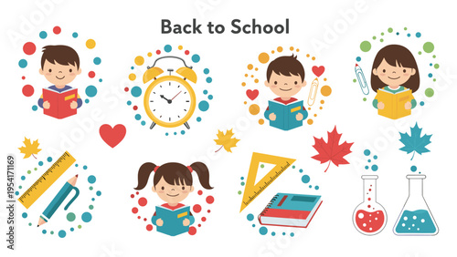 Back to school themed collection of icons featuring children reading books, school supplies, a clock, and laboratory flasks.