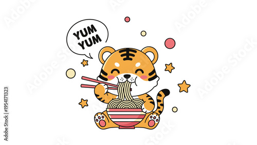 Cute cartoon tiger cub happily eating a bowl of noodles with chopsticks surrounded by stars and a yum yum speech bubble.