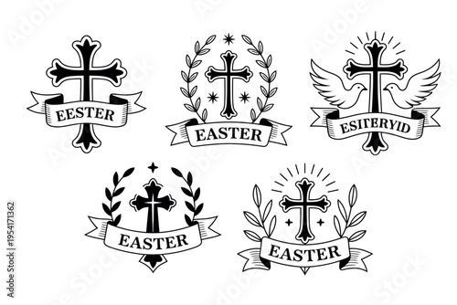 A collection of Easter-themed cross illustrations with ribbons and laurel wreaths