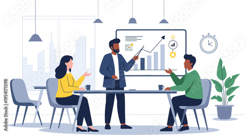 Business people discussing in modern office meeting room with whiteboard in bright professional lighting for corporate presentation