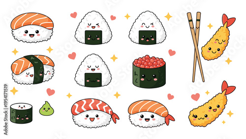 Collection of cute Japanese food characters featuring sushi, onigiri, and shrimp tempura with sweet faces and stars.