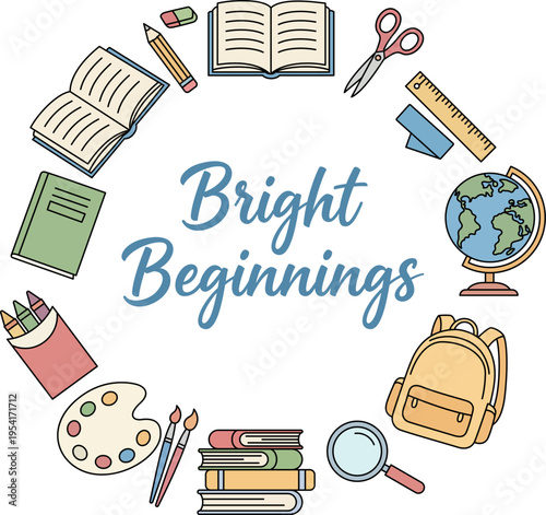 Kindergarten School Supplies Shirt - Cute kindergarten themed illustration featuring school supplies like books, globe, backpack, and art tools arranged in a circular layout with 'Bright Beginnings' t
