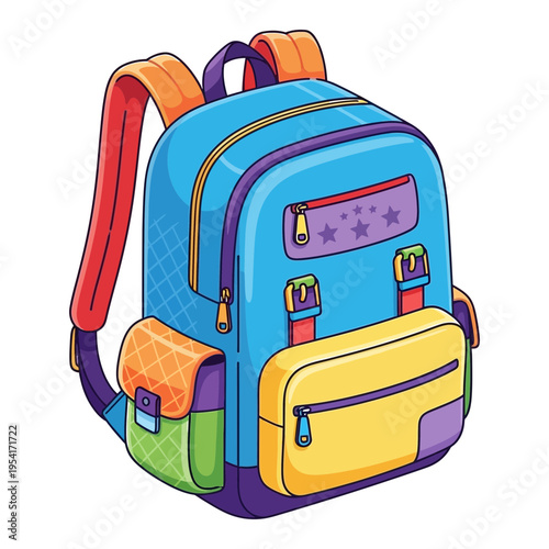 vector Colorful school backpack for children with multiple compartments and zippers on background