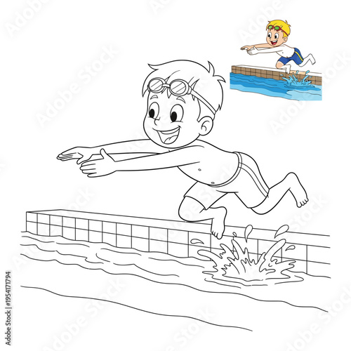 Young boy diver jumping into swimming pool in outline for coloring pages vector