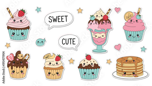 Assorted cute dessert stickers featuring cupcakes, ice cream, and pancakes with happy faces and colorful toppings on white.
