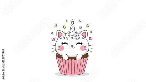 Magical unicorn cat character sitting inside a pink cupcake liner surrounded by hearts and stars for a cute birthday theme.
