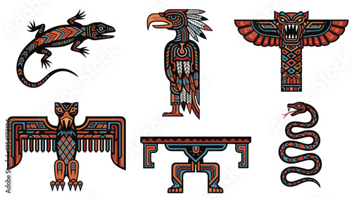 Collection of native american totem symbols including animals like lizards, eagles, and snakes in a traditional art style.