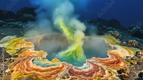 Wide angle view of a colorful underwater hydrothermal vent emitting a bright yellow sulfurous gas plume, vibrant mineral deposits on the ocean floor, dark water background