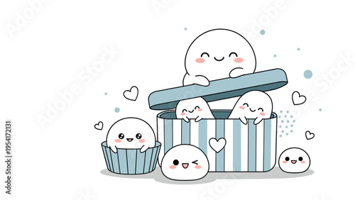 Group of cute white mochi characters peeking out of a blue striped gift box and cupcake liner with hearts and bubbles.