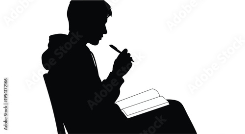 Silhouette of young adult person sitting and writing with pencil on paper in chair, creative concept, artistic expression, isolated on white background