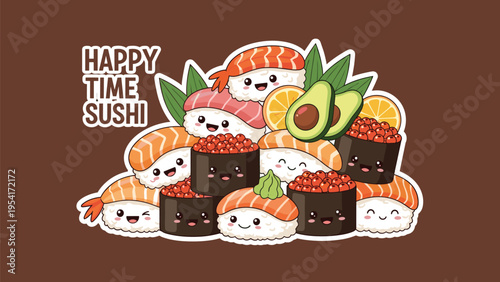 Large pile of various cute sushi and nigiri characters with avocado and citrus slices for a fun happy time sushi art.