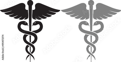 Comparison of traditional and modern caduceus symbols in black and white graphics