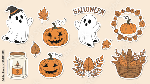 Collection of cute halloween themed stickers featuring ghosts, pumpkins, autumn leaves, and a candle in a jar on beige.