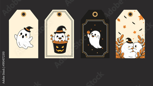 Four decorative halloween gift tags featuring cute ghosts, pumpkins, and autumn leaves on black and cream backgrounds.