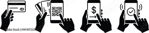 Digital payment icons set showing card, QR code, mobile transfer, transaction confirmation, financial technology, smartphone payment methods, modern electronic money exchange