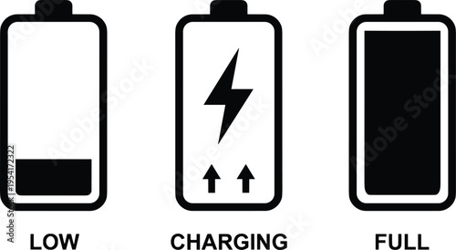 Battery icons set showing low, charging, full levels, mobile device power status, energy indicator, electricity symbol, UI UX design, technology illustration