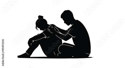 Silhouette of man comforting sad woman sitting together on floor in dark emotional moment