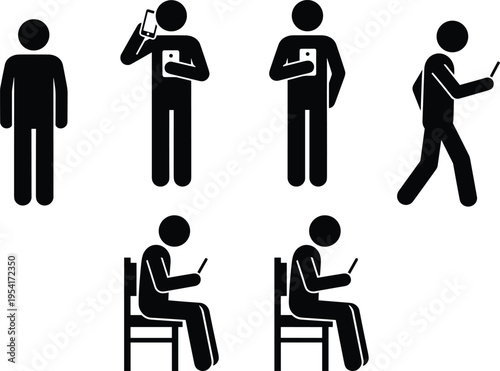 Smartphone usage icons set showing standing, walking, sitting, calling, reading, mobile device interaction, silhouette people poses, technology behavior illustration design