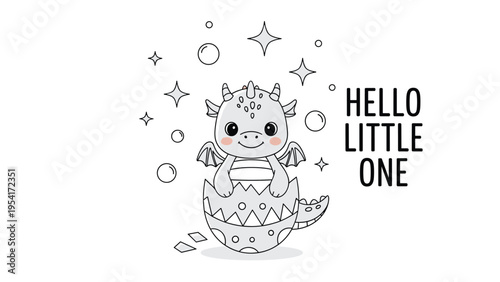 Adorable baby dragon character hatching from a decorated egg surrounded by sparkling stars and bubbles with a sweet message.