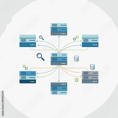 Centralized server network with data flow and monitoring elements.