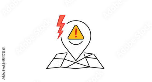 Location marker with warning symbol and lightning bolt.