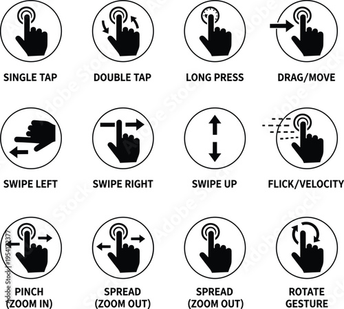Touchscreen gesture icons set for mobile, tablet, UI UX design, single tap, double tap, swipe, pinch zoom, rotate, drag, flick