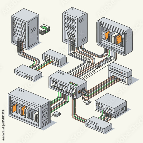 Isometric illustration of a complex computer network infrastructure with servers, switches, routers, and cables.