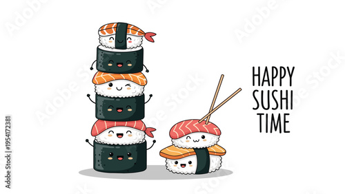 Vibrant illustration of two cute sushi towers with smiling faces and traditional japanese chopsticks for a happy meal time.