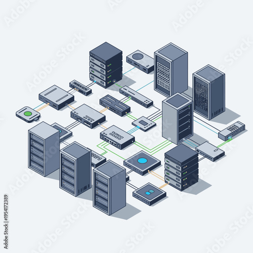 An isometric illustration depicting a complex network of servers, routers, and other electronic devices connected by cables, representing a data center or IT infrastructure.