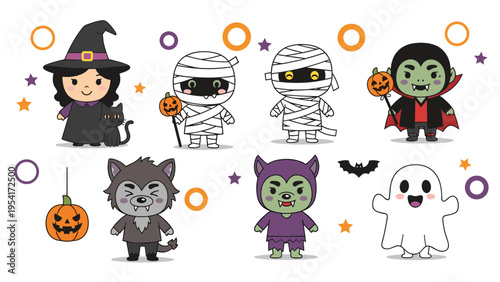 Collection of adorable chibi style halloween monsters including a witch mummies vampire werewolf and a friendly white ghost.