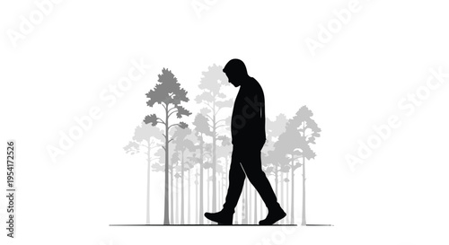 Silhouette of a man walking alone in forest with trees, peaceful and serene natural scenery, outdoor lifestyle concept