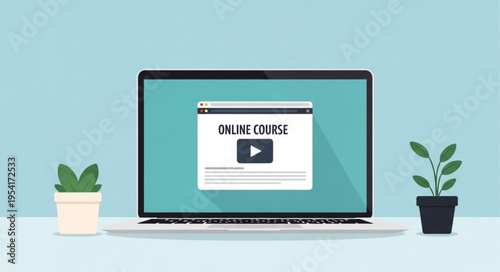 Laptop displaying online course video player with plants.