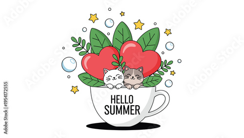 Two sweet kittens peeking out from a white coffee cup filled with large red hearts and green leaves for a summer themed design.