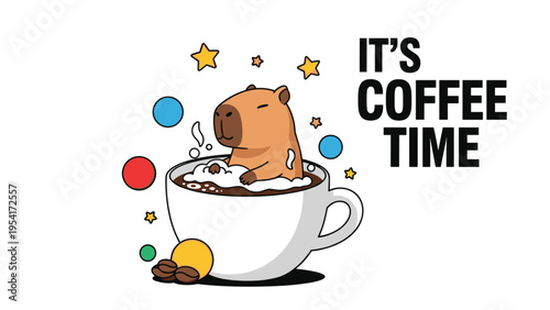 Relaxing illustration of a cute capybara taking a bath in a large cup of coffee with bubbles colorful circles and bright stars.