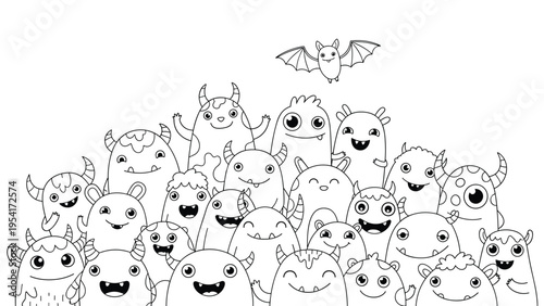 Doodle style group of cute monsters in black and white line art with a small bat flying above the crowded cartoon characters.