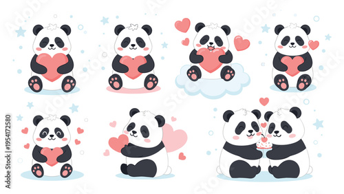 Adorable collection of panda bear characters in various lovable poses holding hearts and sharing cupcakes with each other.
