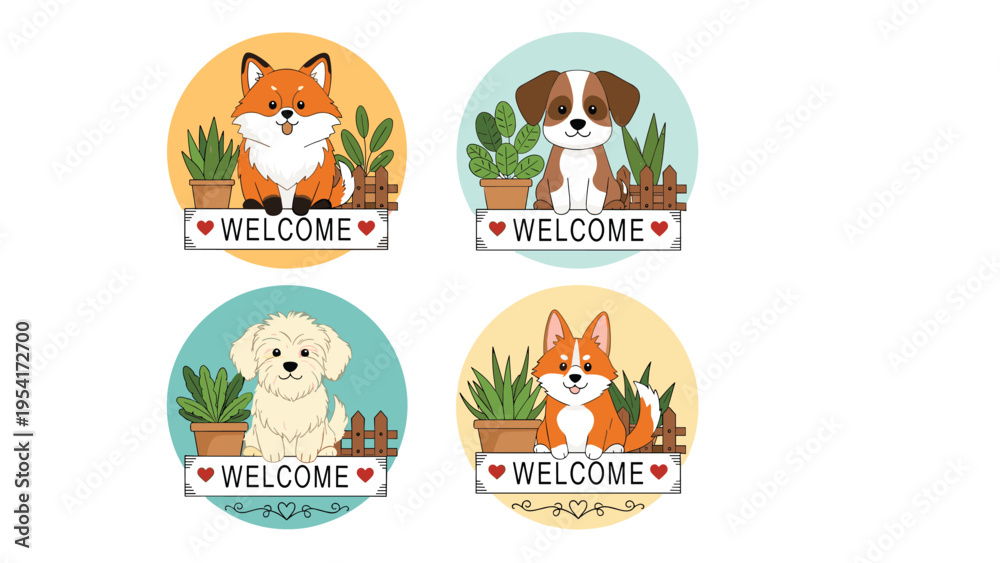 Fototapeta premium Set of cute welcome signs featuring various dog breeds sitting behind a wooden fence with potted plants and green foliage.