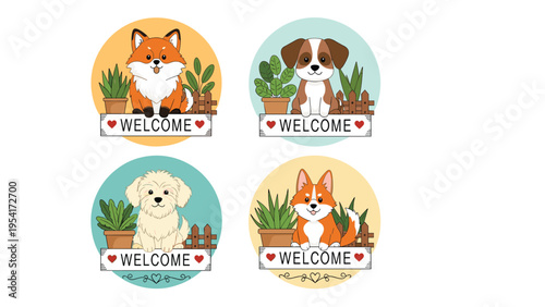 Set of cute welcome signs featuring various dog breeds sitting behind a wooden fence with potted plants and green foliage.