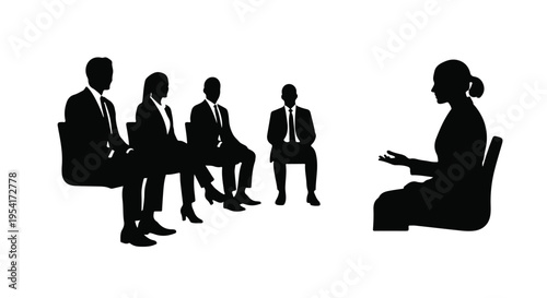 Silhouette of business team and leader in meeting or presentation, corporate discussion, teamwork and collaboration concept in office setting