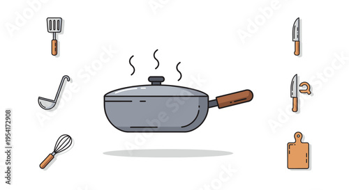 Cooking Pan with Kitchen Utensils Around.