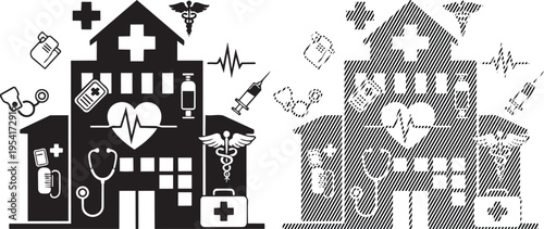 Contrast between traditional and pixelated healthcare facility illustrations with medical symbols